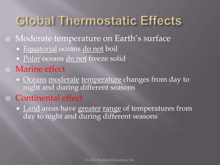    Moderate temperature on Earth’s surface
     Equatorial oceans do not boil
     Polar oceans do not freeze solid
   Marine effect
       Oceans moderate temperature changes from day to
        night and during different seasons
   Continental effect
       Land areas have greater range of temperatures from
        day to night and during different seasons




                          © 2011 Pearson Education, Inc.
 