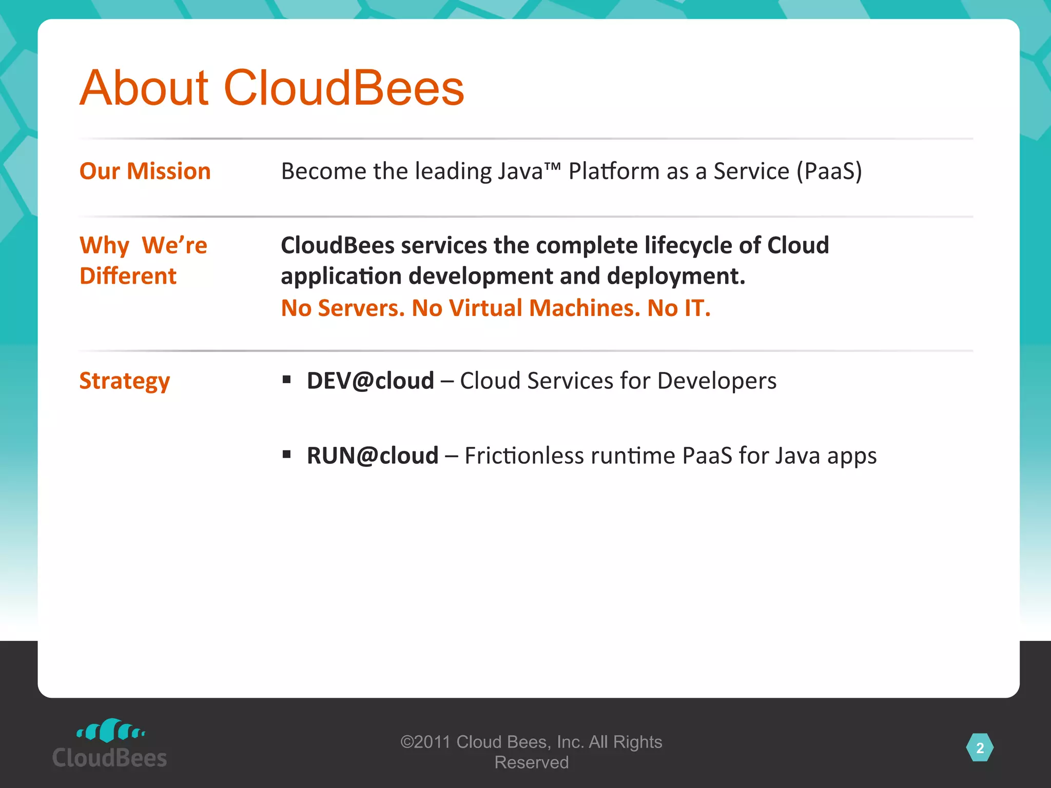 About CloudBees
Our	
  Mission	
       Become	
  the	
  leading	
  Java™	
  Pla3orm	
  as	
  a	
  Service	
  (PaaS)	
  

Why	
  	
  We’re	
     CloudBees	
  services	
  the	
  complete	
  lifecycle	
  of	
  Cloud	
  
Diﬀerent	
             applica>on	
  development	
  and	
  deployment.	
  
                       No	
  Servers.	
  No	
  Virtual	
  Machines.	
  No	
  IT.	
  

Strategy	
             §  DEV@cloud	
  –	
  Cloud	
  Services	
  for	
  Developers	
  

                       §  RUN@cloud	
  –	
  Fric@onless	
  run@me	
  PaaS	
  for	
  Java	
  apps	
  




                                       ©2011 Cloud Bees, Inc. All Rights                                  2
                                                 Reserved
 