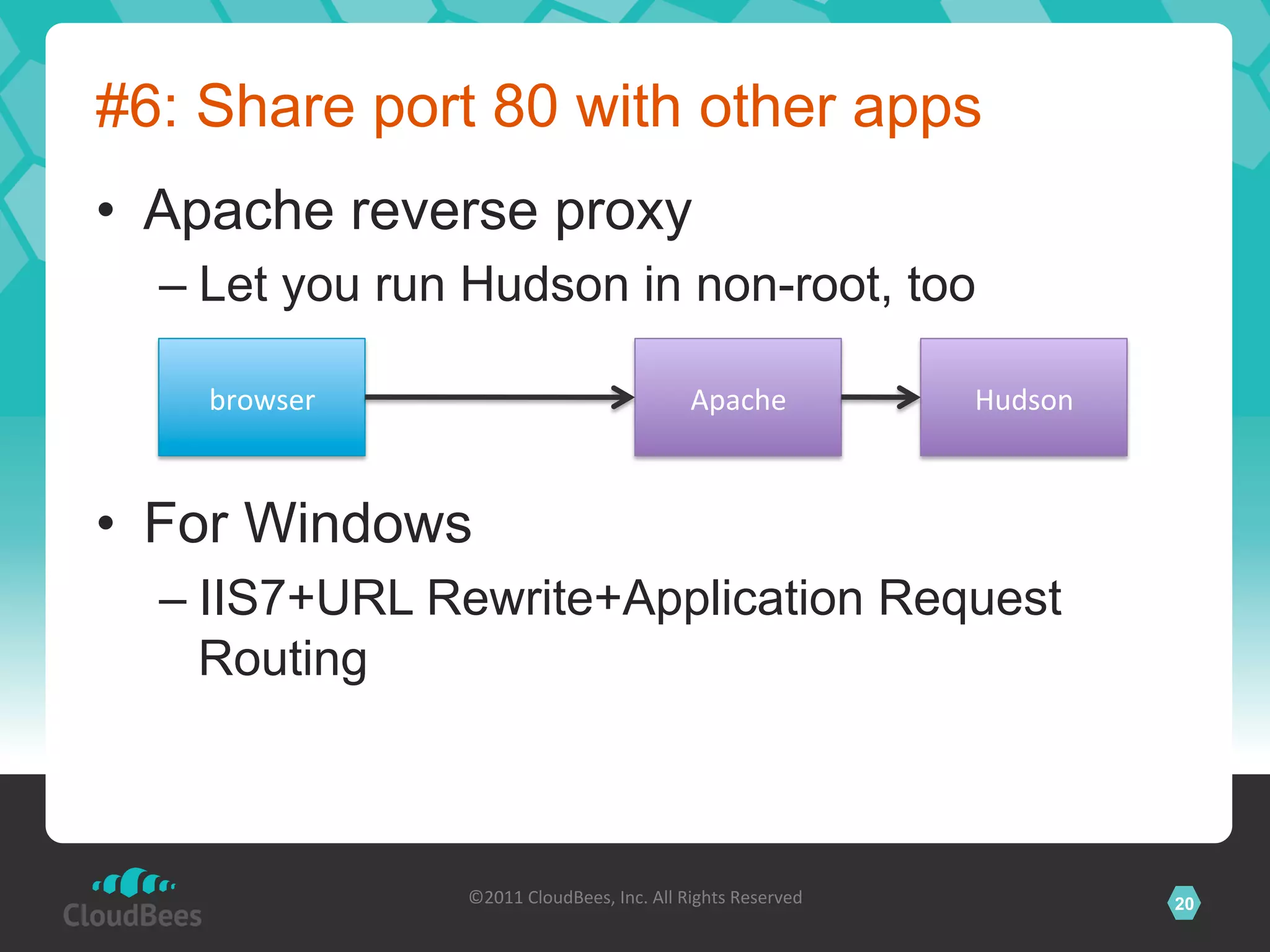 #6: Share port 80 with other apps
•  Apache reverse proxy
  –  Let you run Hudson in non-root, too

    browser	
                                            Apache	
                Hudson	
  



•  For Windows
  –  IIS7+URL Rewrite+Application Request
     Routing



                  ©2011	
  CloudBees,	
  Inc.	
  All	
  Rights	
  Reserved	
                  20
                                           	
  
 