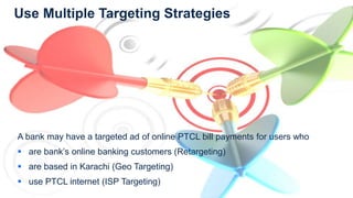 Use Multiple Targeting Strategies
A bank may have a targeted ad of online PTCL bill payments for users who
 are bank’s online banking customers (Retargeting)
 are based in Karachi (Geo Targeting)
 use PTCL internet (ISP Targeting)
 
