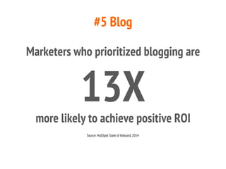 #5 Blog
Marketers who prioritized blogging are
13Xmore likely to achieve positive ROI
Source: HubSpot State of Inbound,2014
 