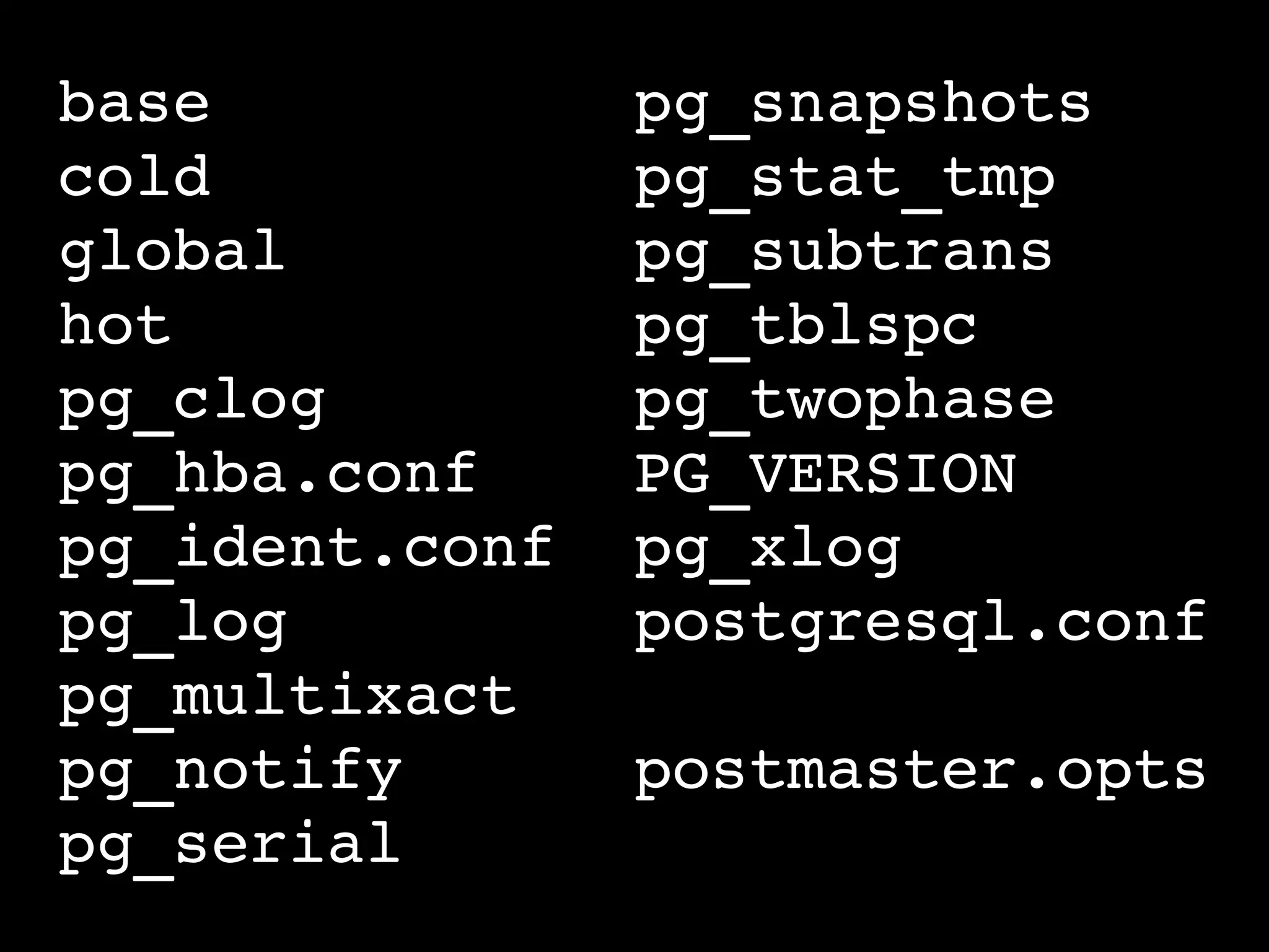 base           pg_snapshots
cold           pg_stat_tmp
global         pg_subtrans
hot            pg_tblspc
pg_clog        pg_twophase
pg_hba.conf    PG_VERSION
pg_ident.conf  pg_xlog
pg_log         postgresql.conf
pg_multixact  
pg_notify      postmaster.opts
pg_serial
 