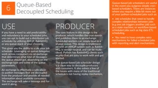The core feature in this design is the
producer, which handles the cron events
and publishes them to an exchange.
Scheduled workers can simply bind to a
shared queue. This design is implement-
ed with an AMQP system such as Rabbit-
MQ, is vendor-neutral, and can be multi-
cloud. Python has RabbitMQ clients such
as pika that are easy to work with and get
started.
The queue-based job scheduler design
is a clean way to decouple producers
and consumers. It also solves a few of
the issues with many of the traditional
schedulers not having replay mechanism.
Queue-based job schedulers are useful
in the event you outgrow simple cron-
based schedulers. There are instances
where you require a little bit more out
of your python-scheduled jobs such as:
•	 Job schedules that need to handle
complex relationships between jobs
(e.g one job triggers another job) such
as a state machine; or workflow-based
scheduled jobs such as big data ETL
scheduling.
•	 You need to have complex retry
mechanisms for failed scheduled jobs
with reporting and alert mechanisms.
PRODUCER
Queue-Based
Decoupled Scheduling
6
If you have a need to add predictability
and redundancy to your scheduled jobs,
you can opt to build out a distributed job
scheduler by utilizing AMQP, RabbitMQ
or any queue stack of your choosing.
This gives you the ability to scale your job
scheduler. Leveraging on queue delegates
work across consumers via an exchange
that determines what kind of messages-
the queue should get, depending on the
exchange type and some of the queue
parameters.
An exchange is effectively a safe place
to publish messages that are decoupled
from the producer and provide all needed
information about available consumers.
The exchange will take a message and for-
ward it along.
USE
 