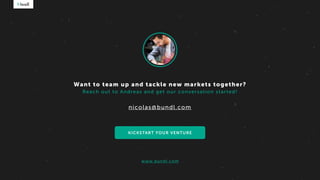 nicolas@bundl.com
KICKSTART YOUR VENTURE
Want to team up and tackle new markets together?
Reach out to Andreas and get our conversation started!
www.bundl.com
 