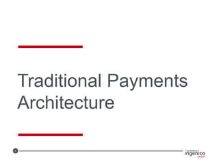 8
Traditional Payments
Architecture
 
