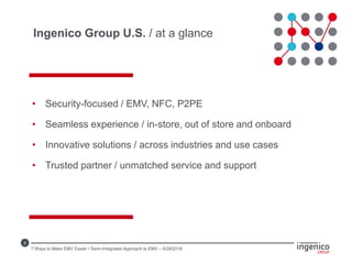 2
• Security-focused / EMV, NFC, P2PE
• Seamless experience / in-store, out of store and onboard
• Innovative solutions / across industries and use cases
• Trusted partner / unmatched service and support
Ingenico Group U.S. / at a glance
7 Ways to Make EMV Easier / Semi-Integrated Approach to EMV – 6/28/2016
 