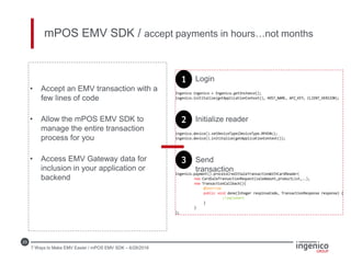 23
mPOS EMV SDK / accept payments in hours…not months
• Accept an EMV transaction with a
few lines of code
• Allow the mPOS EMV SDK to
manage the entire transaction
process for you
• Access EMV Gateway data for
inclusion in your application or
backend
Login
Initialize reader
Send
transaction
7 Ways to Make EMV Easier / mPOS EMV SDK – 6/28/2016
 