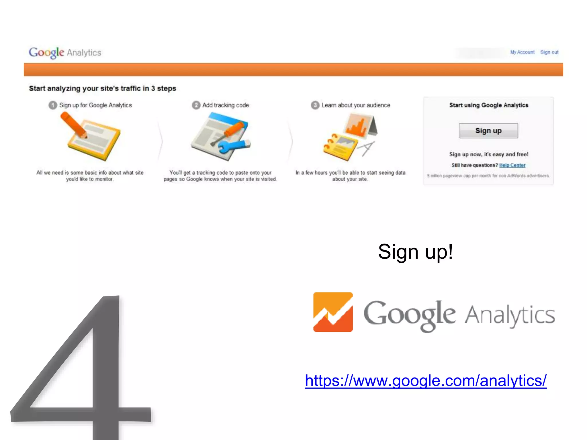 Analytics
https://www.google.com/analytics/
Sign up!
 