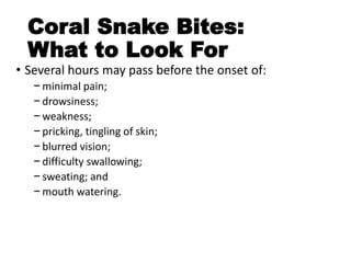 Coral Snake Bites:
What to Look For
• Several hours may pass before the onset of:
− minimal pain;
− drowsiness;
− weakness;
− pricking, tingling of skin;
− blurred vision;
− difficulty swallowing;
− sweating; and
− mouth watering.
 