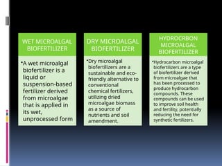 WET MICROALGAL
BIOFERTILIZER
•A wet microalgal
biofertilizer is a
liquid or
suspension-based
fertilizer derived
from microalgae
that is applied in
its wet,
unprocessed form
DRY MICROALGAL
BIOFERTILIZER
•Dry microalgal
biofertilizers are a
sustainable and eco-
friendly alternative to
conventional
chemical fertilizers,
utilizing dried
microalgae biomass
as a source of
nutrients and soil
amendment.
HYDROCRBON
MICROALGAL
BIOFERTILIZER
•Hydrocarbon microalgal
biofertilizers are a type
of biofertilizer derived
from microalgae that
has been processed to
produce hydrocarbon
compounds. These
compounds can be used
to improve soil health
and fertility, potentially
reducing the need for
synthetic fertilizers.
 