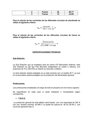 2
3

Fuerza
Fuerza

38
15

60.77
23.99

Para el calculo de las corrientes de los diferentes circuitos de alumbrado se
utilizo el siguiente criterio:
PotenciaC
t

o

Imax = 220 V ×Cos ϕ =
Para el calculo de las corrientes de los diferentes circuitos de fuerza se
utilizo el siguiente criterio:
Imax =

PotenciaCt
o
3 ×380V × Cosϕ

=

ESPECIFICACIONES TECNICAS
Sub Estación.
La Sub Estación que se empleara será de marca CH fabricantes chilenos, esta
Sub Estación es del tipo Pad Mounted refrigerados en aceite o silicona, con
potencias de 70 a 300 KVA su diseño es reducido y estético.
La Sub estación estará protegido en su lado primario con un fusible 20 T, ya que
en el secundario estará protegido con la protección del alimentador general.

Protecciones.
Las protecciones empleadas a lo largo de todo el proyecto son de marca Legrand.
Se especificara en cada caso si serán tripolares o monopolares según
corresponda.
•

T.G.F.A:

La protección general de este tablero será tripolar, con una capacidad de 320 A
con una tensión nominal de 690 V, su poder de ruptura es de Icu 36 KA y una
curva de operación tipo C.

 