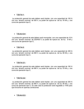 •

T.D.F.A 1 :

La protección general de este tablero será tripolar, con una capacidad de 100 A
con una tensión nominal de 500 V, su poder de ruptura es de Icu 16 KA y una
curva de operación tipo C.

•

T.D.A.A 2.4 :

La protección general de este tablero será monopolar, con una capacidad de 16 A
con una tensión nominal de 230/400 V, su poder de ruptura es de Icu 6 KA y
una curva de operación tipo C.
•

T.D.F.A 2 :

La protección general de este tablero será tripolar, con una capacidad de 320 A
con una tensión nominal de 690 V, su poder de ruptura es de Icu 36 KA y una
curva de operación tipo C.

•

T.D.F.A 2.1 :

La protección general de este tablero será tripolar, con una capacidad de 160 A
con una tensión nominal de 690 V, su poder de ruptura es de Icu 70 KA y una
curva de operación tipo C.

•

T.D.F.A 2.2 :

La protección general de este tablero será tripolar, con una capacidad de 200 A
con una tensión nominal de 690 V, su poder de ruptura es de Icu 36 KA y una
curva de operación tipo C. En este caso la protección será regulable a 170A para
que funcione en óptimas condiciones

•

T.D.A.A 2.3 :

 