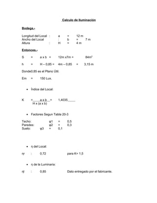 Calculo de Iluminación
Bodega.Longitud del Local :
Ancho del Local
Altura
:

a
:
H

=
b
=

12 m
=
7m
4m

Entonces.S

=

axb =

h

=

H – 0,85 =

4m – 0,85

84m2

12m x7m =
=

3,15 m

Donde0,85 es el Plano Útil.
Em

=
•

K

Índice del Local:
=
axb
H x (a x b)

•

•
ηr

1,4035

φ3

φ1
φ2
=

=
=
0,1

0,5
0,3

η del Local:
:

•

=

Factores Segun Tabla 20-3

Techo:
Paredes:
Suelo:

ηl

150 Lux.

0,72

para K= 1,5

η de la Luminaria:
:

0,85

Dato entregado por el fabricante.

 