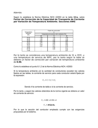Además:
Según lo establece la Norma Eléctrica NCH 4/2003 en la tabla 8.9.a, sobre
Factor de Corrección de la Capacidad de Transporte de Corriente
por Variación de Temperatura Ambiente. Secciones AWG

Por lo tanto se considerara una temperatura ambiente de 31 a 35ºC, y
una temperatura de servicio de 90ºC, por lo tanto según la tabla se
obtiene un factor de corrección por variación de temperatura ambiente
de 0.96.
Como lo establece el punto 8.1.2 de la Norma Eléctrica NCH. 4/2003
Si la temperatura ambiente y/o la cantidad de conductores exceden los valores
fijados en las tablas, la corriente de servicio para cada conductor estará fijada por
la expresión:
I S = I t × ft × f n

Siendo It la corriente de tabla e Is la corriente de servicio.
Por lo tanto, y según los valores obtenidos de la norma vigente se obtiene un valor
de corriente de servicio:
I S = 430 × 0.96 ×1
I S = 412,8 A.

Por lo que la sección del conductor empleado cumple con las exigencias
propuestas por el sistema.

 