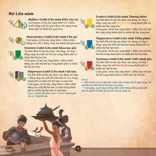 BàiLiênminh
BuildersGuild(LiênminhKiếntrúcsư)
Cuốigame,lábàinàycộngthêmvới2điểm
chiếnthắngmỗiKỳquanđượcxâydựngtrong
thànhphốcónhiềuKỳquanhơn.
MoneylendersGuild(LiênminhChủnợ)
Cuốigame,lábàinàycộngthêm1điểmchiến
thắngchomỗi3đồngvàngcủathànhphốgiàuhơn.
ScientistsGuild(LiênminhKhoahọcgia)
Tạithờiđiểmlábàinàyđượcxâydựng,nótăng1
đồngvàngchomỗithẻbàilụctrongthànhphốcó
nhiềuthẻbàilụchơn.
Cuốigame,lábàinàycộngthêm1điểmchiếnCuốigame,lábàinàycộngthêm1điểmchiến
thắngchomỗithẻbàilụctrongthànhphốcónhiều
thẻbàilụchơn.
ShipownersGuild(LiênminhChủtàu)
Tạithờiđiểmlábàinàyđượcxâydựng,nótăng
1đồngvàngchomỗithẻbàinâuvàxámtrong
thànhphốcónhiềuthẻbàinâuvàxámhơn.
Cuốigame,lábàinàycộngthêm1điểmchiếnCuốigame,lábàinàycộngthêm1điểmchiến
thắngchomỗithẻbàinâuvàxámtrongthành
phốcónhiềuthẻbàinâuvàxámhơn.
Lưuý:Ngườichơiphảichọn1vàchỉ1thànhphố
chocả2loạibàinày.
TradersGuild(LiênminhThươngnhân)
Tạithờiđiểmlábàinàyđượcxâydựng,nótăng1
đồngvàngchomỗithẻbàivàngtrongthànhphốcó
nhiềuthẻbàivànghơn.
Cuốigame,lábàinàycộngthêm1điểmchomỗithẻ
bàivàngtrongthànhphốcónhiềuthẻbàivànghơn.
MagistratersGuild(LiênminhThẩmphán)
Tạithờiđiểmlábàinàyđượcxâydựng,nótăng1
đồngvàngchomỗithẻbàilamtrongthànhphốcó
nhiềuthẻbàilamhơn.
Cuốigame,lábàinàycộngthêm1điểmchomỗithẻ
bàilamtrongthànhphốcónhiềuthẻbàilamhơn.
TacticiansGuild(LiênminhChiếnthuậtgia)
Tạithờiđiểmlábàinàyđượcxâydựng,nótăng1
đồngvàngchomỗithẻbàiđỏtrongthànhphốcó
nhiềuthẻbàiđỏhơn.
Cuốigame,lábàinàycộngthêm1điểmchomỗithẻ
bàiđỏtrongthànhphốcónhiềuthẻbàiđỏhơn.
Lưuý:
•ĐốivớitấtcảcáclábàiLiênminh,tiềnsẽđượclấytừngânhàng,chỉ
mộtlầnduynhấtkhilábàiđượcxâydựng.
•Cuốigame,ngườiđượchưởngđiểmchiếnthắngkhôngnhấtthiết
phảilàngườiđãđượchưởngtiềnkhixâydựngnó.
 