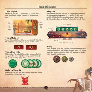 Thànhphầngame
ThẻKỳquan
MỗithẻthểhiệnmộtKỳquantừthờikỳxaxưa.MỗiKỳ
quanbaogồmtên,chiphíxâydựngvàsứcmạnhđặc
biệt.
Tên
Phí
xây
dựng
Bảngchơi
Bảngchơithểhiệncuộcchạyđuavũtranggiữahaithànhphố.
Nóđượcchiathành9Khuvựcvà19Ôtrống.Ôcuốicùng
mỗibênthểhiệnThủđôcủamỗingườichơi.Ngườichơisẽ
đặtnhữngtokenQuânsựvàtokenPháttriểnlênbảngđểchơi.
TokenPháttriển
Khuvực
ĐiểmđặtQuâncờXungđột
TokenQuânsự
TokenQuânsựthểhiệnnhữnglợiíchmàmộtđếchếcóđược
khimộtbêncósứcmạnhquânsựvượttrộihơnbênkia.
Vàng
VàngchophépngườichơixâydựngcácCôngtrìnhvàđểmua
Tàinguyênthôngquagiaothươngbuônbán.Ngânkhố,những
đồngvàngđượctíchlũytrongthànhphố,đóngvaitròlàđiểm
chiếnthắngkhikếtthúcgame.
TokenPháttriển
NhữngtokenPháttriểnthểhiệnnhữngsứcmạnhđặcbiệt
màngườichơicóthểnhậnđượcthôngquatìmkiếmmột
cặpkýhiệukhoahọcgiốngnhau.
QuâncờXungđột
Quâncờnàythểhiệntrênbảngchơisứcmạnhvượttrộicủa
mộtngườisovớingườicònlại.
ÔtrốngTokenQuânsự
Sức
mạnh
đặc
biệt
 
