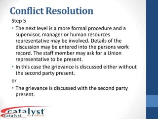Conflict ResolutionStep 5The next level is a more formal procedure and a supervisor, manager or human resources representative may be involved. Details of the discussion may be entered into the persons work record. The staff member may ask for a Union representative to be present.In this case the grievance is discussed either without the second party present.orThe grievance is discussed with the second party present.