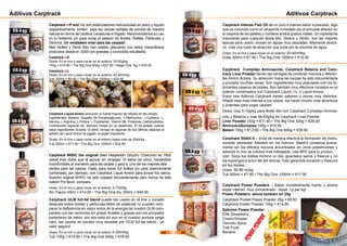 Carptrack Power Powders – Sabor increiblemente fuerte, y aroma
super intenso, muy concentrado - dosis: 1g per kg!
Power Powders -ahora tambien en 25g
Carptrack Pocket Power Powder 25g = €6,50
Carptrack Power Powder 100g = €14,90
Sabores Power Powder:
Elite Strawberry
Cream/Scopex
Osmotic Spice
Tutti Frutti
Banana
PowerPowder
Carptrack inP and inL son potenciadores hidrosolubles en polvo y líquido
respectivamente, emiten para las carpas señales de comida de manera
natural en forma de Lecitina, Levaduras e Hígado. Recomendamos su uso
en tu boiliemix y/o para rociar el exterior de Boilies, Pellets, Particulas y
Stickmix. Un verdadero imán para las carpast!
Max Nollert y René Rex han estado pescando con estos maravillosos
productos desde el 2000 con grandes y conocidos resultados.
Carptrack inP
Dosis: En el mix o para rociar en el exterior 30-60g/kg
150g = €10.90 • The Big One 500g = €27.90 • Mega One 1kg = €45.00
Carptrack inL
Dosis: En el mix o para rociar en el exterior 20-40ml/kg
Tub 300ml = €9.90 • The Big One 1000ml = €24.90
Carptrack Liquid Amino provocan un fuerte impulso de cebado en las carpas.
Ingredientes: Betaine Disuelta (N-Trimethylglycine), L-Methionine, L-Cysteine, L-
Alanine, L-Arginine, L-Proline, L-Tryptophan, Vitamin B6, Proteínas, Carbohydratos.
Contribución especial de Bernard Hesse en su desarrollo. Él ha estado usando
estos ingredientes durante 18 años. Incluso en algunas de sus últimas capturas la
adición de Liquid Amino ha jugado un papel importante.
Dosis: En el mix o para rociar en el exterio hasta mas de 20ml/kg
Tub 300ml = €11.90 • The Big One 1000ml = €24.90
Carptrack NHDC the original (Neo Hesperidin Dihydro Chalcone) es 1800
veces mas dulce que el azúcar sin amargar. El sabor es único, haciendolo
inconfundible al momento para las carpas y para ti. Uno de los mejores atra-
yentes para las carpas. Úsalo para hacer tus boilies y/o para externamente
combinado, por ejemplo, con Carptrack Liquid Amino para´tunear´los cebos.
Nuestro original NHDC ha sido copiado frecuentemente pero nunca ha sido
batido! Por favor, compara.
Dosis: En el mix o para rociar en el exterio 3-7ml/kg
Alu Flacon 65ml = €14.90 • The Big One Alu 300ml = €46.90
Carptrack GLM full-fat blend puede ser usado en el mix o rociado
despues sobre boilies y particulas.Miles de palabras no pueden com-
parar la didferencia en sabor entre de la energia de nuestro GLM com-
parado con las versiones sin grasa. Aceites y grasas son los pricipales
portadores de sabor, por eso esta an aun en el nuestro aunque salga
caro, las carpas se sienten muy atraidas por GLM full-fat blend - un
valor seguro!
Dosis: En el mix o para rociar en el exterio 5-30ml/kg
Tub 100g = €19.90 • The Big One 500g = €79.90
Aditivos Carptrack Aditivos Carptrack
Carptrack Intense Fish Oil da un puro e intenso sabor a pescado, algo
que es conocido como un atrayente inmediato (es el principal atractor en
la mayoria de las pellets) y contiene acidos grasos vitales. Un ingrediente
importante para cualquier Boilie Mix. Verano y Otoño son las mejores
épocas para usarlo, incluso en aguas muy pescadas. Altamente atracti-
vo, crea una nube de atracción que sube por la columna de agua.
Dosis: En el mix o para rociar en el exterior 20-40ml/kg
Dose 300ml = €7.90 • The Big One 1000ml = €15.90
Carptrack Complejo Aminoacido, Carptrack Betaína and Carp-
track Liver Powder tienen las ventajas de contener muchos y diferen-
tes Amino Ácidos. Su atracción hacia las carpas ha sido documentada
y provada muchas veces. Son ingredientes muy populares con los fa-
bricantes caseros de boilies. Son también muy efectivos rociados en el
exterior combinados con Carptrack Liquid, inL o Liquid Amino.
Estos tres Aditivos Carptrack tienen sabores y olores muy distintos.
Añade esta nota intensa a tus cebos, los harán mucho mas atractivos
y potentes para coger carpas!
Dosis: Usa 5-10g/kg para Boilie Mix con Carptrack Complejo Aminoa-
cido y Betaína y mas de 50g/kg de Carptrack Liver Powder.
Liver Powder 150g = €11.90 • The Big One 500g = €28.90
Aminoacidkomplex 100g = €16.90
Betain 150g = €13.90 • The Big One 600g = €39.90
Carptrack Stabil`it – evita de manera efectiva la formación de moho,
durante semanas! Añadelo en los huevos. Stabil‘it conserva suave-
mente sin los efectos nocivos encontrados en otros preservantes y
ademas tu mix se volverá mas trabajable. Usa BPS para tu produc-
ción. Seca tus boilies mínimo un día, guardalos secos y frescos y no
los expongas a la luz del sol directa. Esto garantiza duración y frescura
en tus boilies..
Dosis: 50-80 ml/kg
Tub 300ml = €7.90 • The Big One 1000ml = €17.90
44 45
 