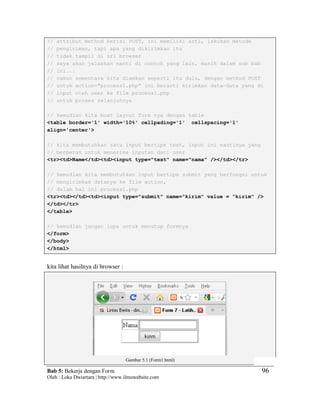 Bab 5: Bekerja dengan Form
Oleh : Loka Dwiartara | http://www.ilmuwebsite.com
96
// attribut method berisi POST, ini memiliki arti, lakukan metode
// pengiriman, tapi apa yang dikirimkan itu
// tidak tampil di url browser
// saya akan jelaskan nanti di contoh yang lain, masih dalam sub bab
// ini...
// namun sementara kita diamkan seperti itu dulu, dengan method POST
// untuk action="process1.php" ini berarti kirimkan data-data yang di
// input oleh user ke file process1.php
// untuk proses selanjutnya
// kemudian kita buat layout form nya dengan table
<table border='1' width='10%' cellpading='1' cellspacing='1'
align='center'>
// kita membutuhkan satu input bertipe text, input ini nantinya yang
// berperan untuk menerima inputan dari user
<tr><td>Name</td><td><input type="text" name="nama" /></td></tr>
// kemudian kita membutuhkan input bertipe submit yang berfungsi untuk
// mengirimkan datanya ke file action,
// dalam hal ini process1.php
<tr><td></td><td><input type="submit" name="kirim" value = "kirim" />
</td></tr>
</table>
// kemudian jangan lupa untuk menutup formnya
</form>
</body>
</html>
kita lihat hasilnya di browser :
Gambar 5.1 (Form1.html)
 