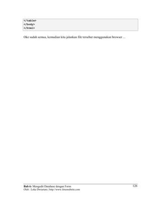Bab 6: Mengedit Database dengan Form
Oleh : Loka Dwiartara | http://www.ilmuwebsite.com
126
</table>
</body>
</html>
Oke sudah semua, kemudian kita jalankan file tersebut menggunakan browser ...
 