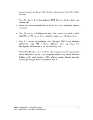 Bab 3: Menggunakan PHP dengan MySQL
Oleh : Loka Dwiartara | http://www.ilmuwebsite.com
71
yang memungkin satu dengan table lain dapat saling join, dan ditampilkan dalam
satu tabel.
 Versi 4.1 beta nya di terbitkan pada Juni 2004, dan versi stabilnya dirilis pada
Oktober 2004.
 Dalam versi ini mysql mengincludekan R-trees and B-trees, subqueries, prepared
statements.
 Versi 5.0 beta nya di terbitkan pada Maret 2005, namun versi stabilnya dirilis
pada Oktober 2005 cursors, stored procedures, triggers, views, XA transactions
 Versi 5.1: currently pre-production (since November 2005) (event scheduler,
partitioning, plugin API, row-based replication, server log tables). Sun
Microsystems acquires MySQL AB on 26 February 2008
 Tahun 2009, 11 milyar server di internet telah menginstall mysql sebagai default
sistem databasenya. MySQL kini merupakan database yang sangat powerfull.
Bahkan google sudah meracik MySQL sehingga menjadi database pencarian
milik google. MySQL menjadi sangat hebat. Saat ini.
 
