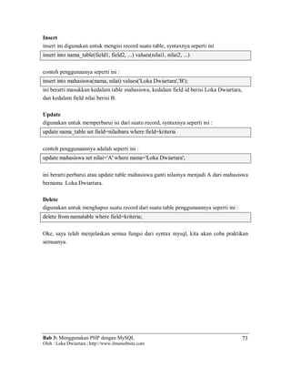 Bab 3: Menggunakan PHP dengan MySQL
Oleh : Loka Dwiartara | http://www.ilmuwebsite.com
73
Insert
insert ini digunakan untuk mengisi record suatu table, syntaxnya seperti ini
insert into nama_table(field1, field2, ...) values(nilai1, nilai2, ...)
contoh penggunaanya seperti ini :
insert into mahasiswa(nama, nilai) values('Loka Dwiartara','B');
ini berarti masukkan kedalam table mahasiswa, kedalam field id berisi Loka Dwiartara,
dan kedalam field nilai berisi B.
Update
digunakan untuk memperbarui isi dari suatu record, syntaxnya seperti ini :
update nama_table set field=nilaibaru where field=kriteria
contoh penggunaannya adalah seperti ini :
update mahasiswa set nilai='A' where nama='Loka Dwiartara';
ini berarti perbarui atau update table mahasiswa ganti nilainya menjadi A dari mahasiswa
bernama Loka Dwiartara.
Delete
digunakan untuk menghapus suatu record dari suatu table penggunaannya seperti ini :
delete from namatable where field=kriteria;
Oke, saya telah menjelaskan semua fungsi dari syntax mysql, kita akan coba praktikan
semuanya.
 