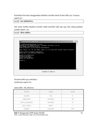 Bab 3: Menggunakan PHP dengan MySQL
Oleh : Loka Dwiartara | http://www.ilmuwebsite.com
76
Kemudian kita akan menggunakan database tersebut untuk di buat table nya. Caranya
seperti ini :
mysql> use mahasiswa;
lalu untuk melihat database tersebut sudah memiliki table apa saja, kita cukup gunakan
syntaks seperti ini :
mysql> show tables;
Gambar 3.3 (Dos 3)
kita buat table-nya contohnya :
strukturnya seperti ini :
nama table : tbl_mhsiswa
field tipe size
id_mhs int 5
nama_mhs varchar 50
jenis_kelamin varchar 10
tgl_lahir date -
alamat varchar 200
 