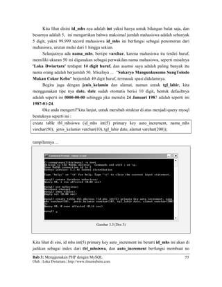 Bab 3: Menggunakan PHP dengan MySQL
Oleh : Loka Dwiartara | http://www.ilmuwebsite.com
77
Kita lihat disini id_mhs nya adalah int yakni hanya untuk bilangan bulat saja, dan
besarnya adalah 5, ini mengartikan bahwa maksimal jumlah mahasiswa adalah sebanyak
5 digit, yakni 99.999 record mahasiswa id_mhs ini berfungsi sebagai penomoran dari
mahasiswa, urutan mulai dari 1 hingga sekian.
Selanjutnya ada nama_mhs, bertipe varchar, karena mahasiswa itu terdiri huruf,
memiliki ukuran 50 ini digunakan sebagai perwakilan nama mahasiswa, seperti misalnya
'Loka Dwiartara' terdapat 14 digit huruf, dan asumsi saya adalah paling banyak itu
nama orang adalah berjumlah 50. Misalnya ... "Sukaryo Mangunkusumo SungTolodo
Makan Cokor Kebo" berjumlah 49 digit huruf, termasuk spasi didalamnya.
Begitu juga dengan jenis_kelamin dan alamat, namun untuk tgl_lahir, kita
menggunakan tipe nya date. date sudah otomatis berisi 10 digit, bentuk defaultnya
adalah seperti ini 0000-00-00 sehingga jika menulis 24 Januari 1987 adalah seperti ini
1987-01-24.
Oke anda mengerti? kita lanjut, untuk merubah struktur di atas menjadi query mysql
bentuknya seperti ini :
create table tbl_mhsiswa (id_mhs int(5) primary key auto_increment, nama_mhs
varchar(50), jenis_kelamin varchar(10), tgl_lahir date, alamat varchar(200));
tampilannya ...
Gambar 3.3 (Dos 3)
Kita lihat di sini, id mhs int(5) primary key auto_increment ini berarti id_mhs ini akan di
jadikan sebagai index dari tbl_mhsiswa, dan auto_increment berfungsi membuat no
 