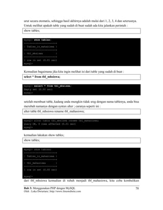 Bab 3: Menggunakan PHP dengan MySQL
Oleh : Loka Dwiartara | http://www.ilmuwebsite.com
78
urut secara otomatis, sehingga hasil akhirnya adalah mulai dari 1, 2, 3, 4 dan seterusnya.
Untuk melihat apakah table yang sudah di buat sudah ada kita jalankan perintah :
show tables;
mysql> show tables;
+---------------------+
| Tables_in_mahasiswa |
+---------------------+
| tbl_mhsiswa |
+---------------------+
1 row in set (0.01 sec)
mysql>
Kemudian bagaimana jika kita ingin melihat isi dari table yang sudah di buat :
select * from tbl_mhsiswa;
mysql> select * from tbl_mhsiswa;
Empty set (0.00 sec)
mysql>
setelah membuat table, kadang anda mungkin tidak sreg dengan nama tablenya, anda bisa
merubah namanya dengan syntax alter ; caranya seperti ini :
alter table tbl_mhsiswa rename tbl_mahasiswa;
mysql> alter table tbl_mhsiswa rename tbl_mahasiswa;
Query OK, 0 rows affected (0.01 sec)
mysql>
kemudian lakukan show tables;
show tables;
mysql> show tables;
+---------------------+
| Tables_in_mahasiswa |
+---------------------+
| tbl_mahasiswa |
+---------------------+
1 row in set (0.00 sec)
mysql>
dari tbl_mhsiswa kemudian di rubah menjadi tbl_mahasiswa, kita coba kembalikan
 