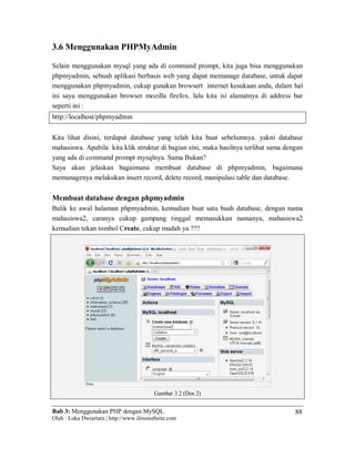 Bab 3: Menggunakan PHP dengan MySQL
Oleh : Loka Dwiartara | http://www.ilmuwebsite.com
88
3.6 Menggunakan PHPMyAdmin
Selain menggunakan mysql yang ada di command prompt, kita juga bisa menggunakan
phpmyadmin, sebuah aplikasi berbasis web yang dapat memanage database, untuk dapat
menggunakan phpmyadmin, cukup gunakan browsert internet kesukaan anda, dalam hal
ini saya menggunakan browser mozilla firefox. lalu kita isi alamatnya di address bar
seperti ini :
http://localhost/phpmyadmin
Kita lihat disini, terdapat database yang telah kita buat sebelumnya. yakni database
mahasiswa. Apabila kita klik struktur di bagian sini, maka hasilnya terlihat sama dengan
yang ada di command prompt mysqlnya. Sama Bukan?
Saya akan jelaskan bagaimana membuat database di phpmyadmin, bagaimana
memanagenya melakukan insert record, delete record, manipulasi table dan database.
Membuat database dengan phpmyadmin
Balik ke awal halaman phpmyadmin, kemudian buat satu buah database, dengan nama
mahasiswa2, caranya cukup gampang tinggal memasukkan namanya, mahasiswa2
kemudian tekan tombol Create, cukup mudah ya ???
Gambar 3.2 (Dos 2)
 