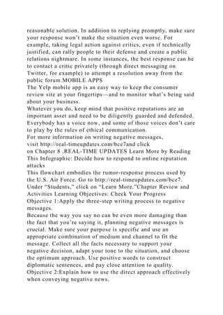 reasonable solution. In addition to replying promptly, make sure
your response won’t make the situation even worse. For
example, taking legal action against critics, even if technically
justified, can rally people to their defense and create a public
relations nightmare. In some instances, the best response can be
to contact a critic privately (through direct messaging on
Twitter, for example) to attempt a resolution away from the
public forum.MOBILE APPS
The Yelp mobile app is an easy way to keep the consumer
review site at your fingertips—and to monitor what’s being said
about your business.
Whatever you do, keep mind that positive reputations are an
important asset and need to be diligently guarded and defended.
Everybody has a voice now, and some of those voices don’t care
to play by the rules of ethical communication.
For more information on writing negative messages,
visit http://real-timeupdates.com/bce7and click
on Chapter 8 .REAL-TIME UPDATES Learn More by Reading
This Infographic: Decide how to respond to online reputation
attacks
This flowchart embodies the rumor-response process used by
the U.S. Air Force. Go to http://real-timeupdates.com/bce7.
Under “Students,” click on “Learn More.”Chapter Review and
Activities Learning Objectives: Check Your Progress
Objective 1:Apply the three-step writing process to negative
messages.
Because the way you say no can be even more damaging than
the fact that you’re saying it, planning negative messages is
crucial. Make sure your purpose is specific and use an
appropriate combination of medium and channel to fit the
message. Collect all the facts necessary to support your
negative decision, adapt your tone to the situation, and choose
the optimum approach. Use positive words to construct
diplomatic sentences, and pay close attention to quality.
Objective 2:Explain how to use the direct approach effectively
when conveying negative news.
 