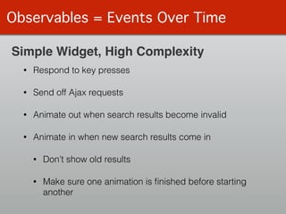 Observables = Events Over Time
Simple Widget, High Complexity
• Respond to key presses
• Send off Ajax requests
• Animate out when search results become invalid
• Animate in when new search results come in
• Don’t show old results
• Make sure one animation is ﬁnished before starting  
another
 