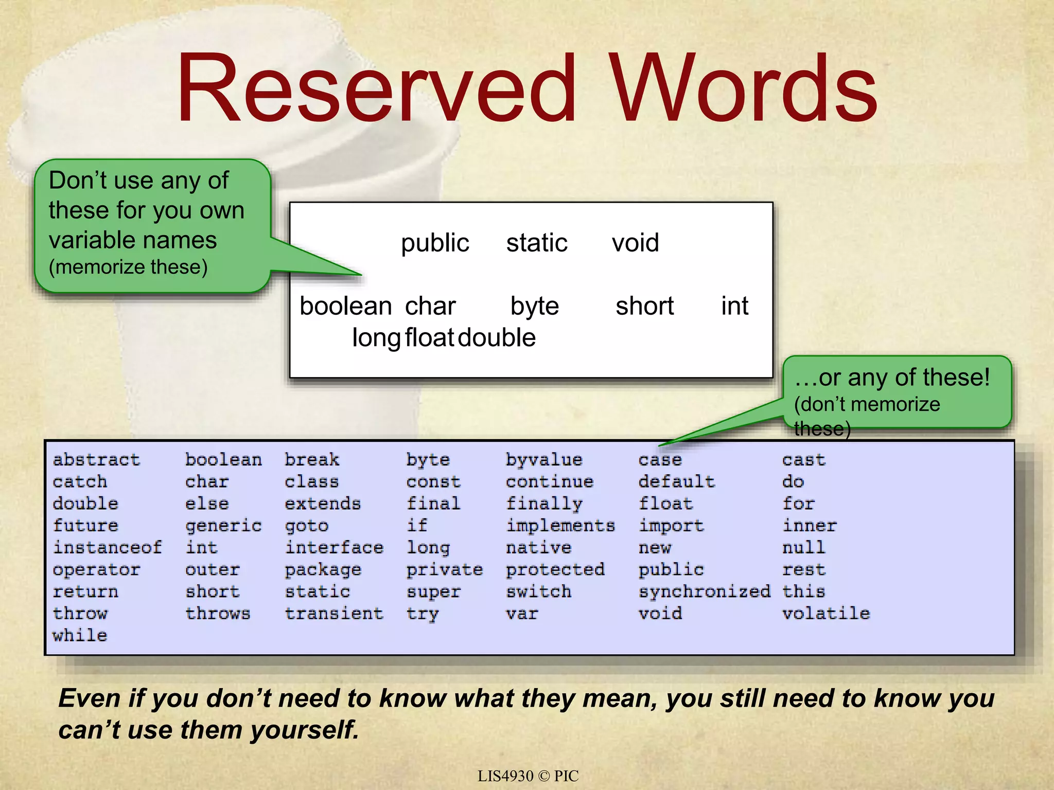 Reserved Words 
public static void 
boolean char byte short int 
longfloatdouble 
LIS4930 © PIC 
Don’t use any of 
these for you own 
variable names 
(memorize these) 
…or any of these! 
(don’t memorize 
these) 
Even if you don’t need to know what they mean, you still need to know you 
can’t use them yourself. 
 