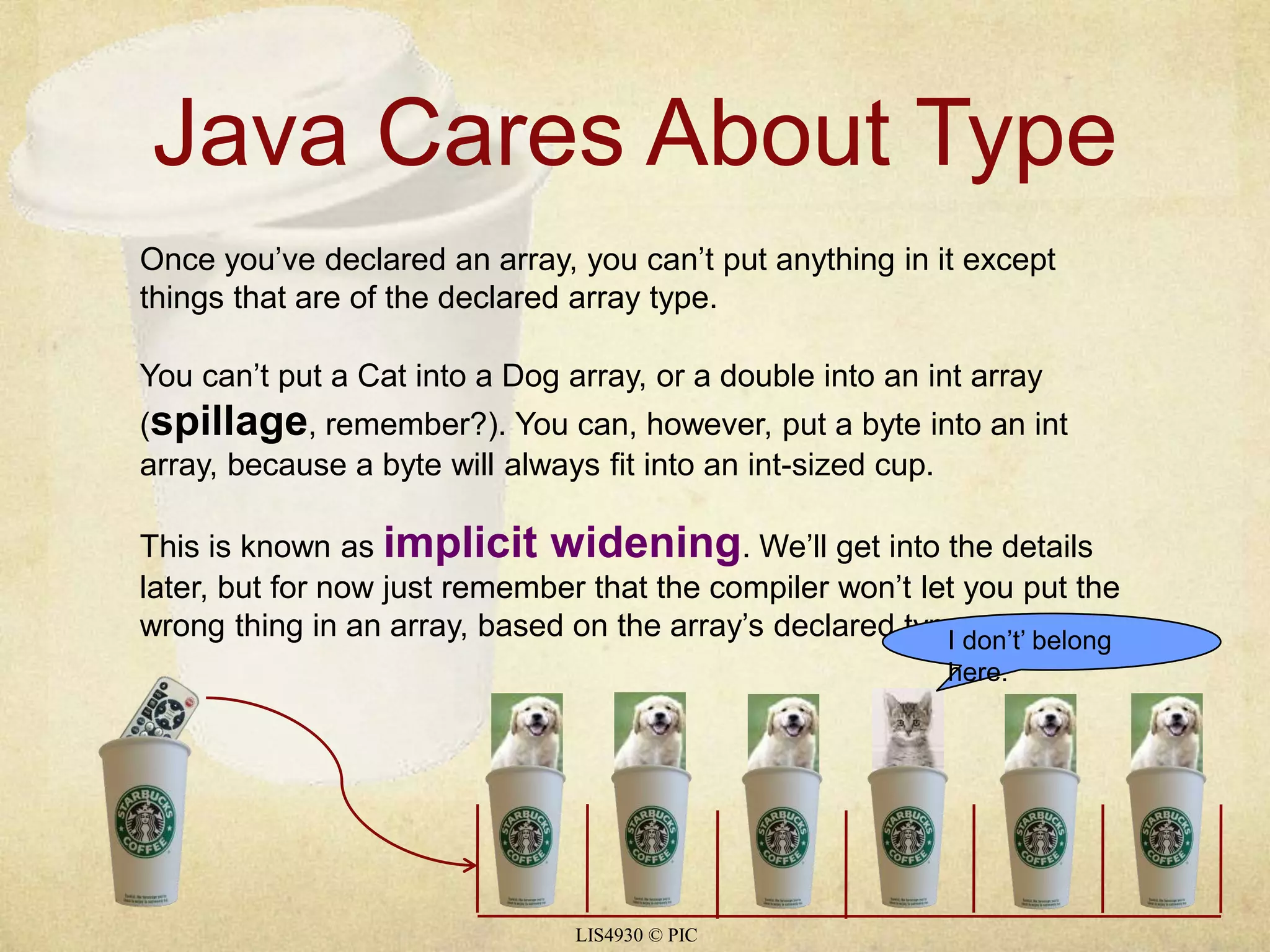 Java Cares About Type 
Once you’ve declared an array, you can’t put anything in it except 
things that are of the declared array type. 
You can’t put a Cat into a Dog array, or a double into an int array 
(spillage, remember?). You can, however, put a byte into an int 
array, because a byte will always fit into an int-sized cup. 
This is known as implicit widening. We’ll get into the details 
later, but for now just remember that the compiler won’t let you put the 
wrong thing in an array, based on the array’s declared type. I don’t’ belong 
LIS4930 © PIC 
here. 
 