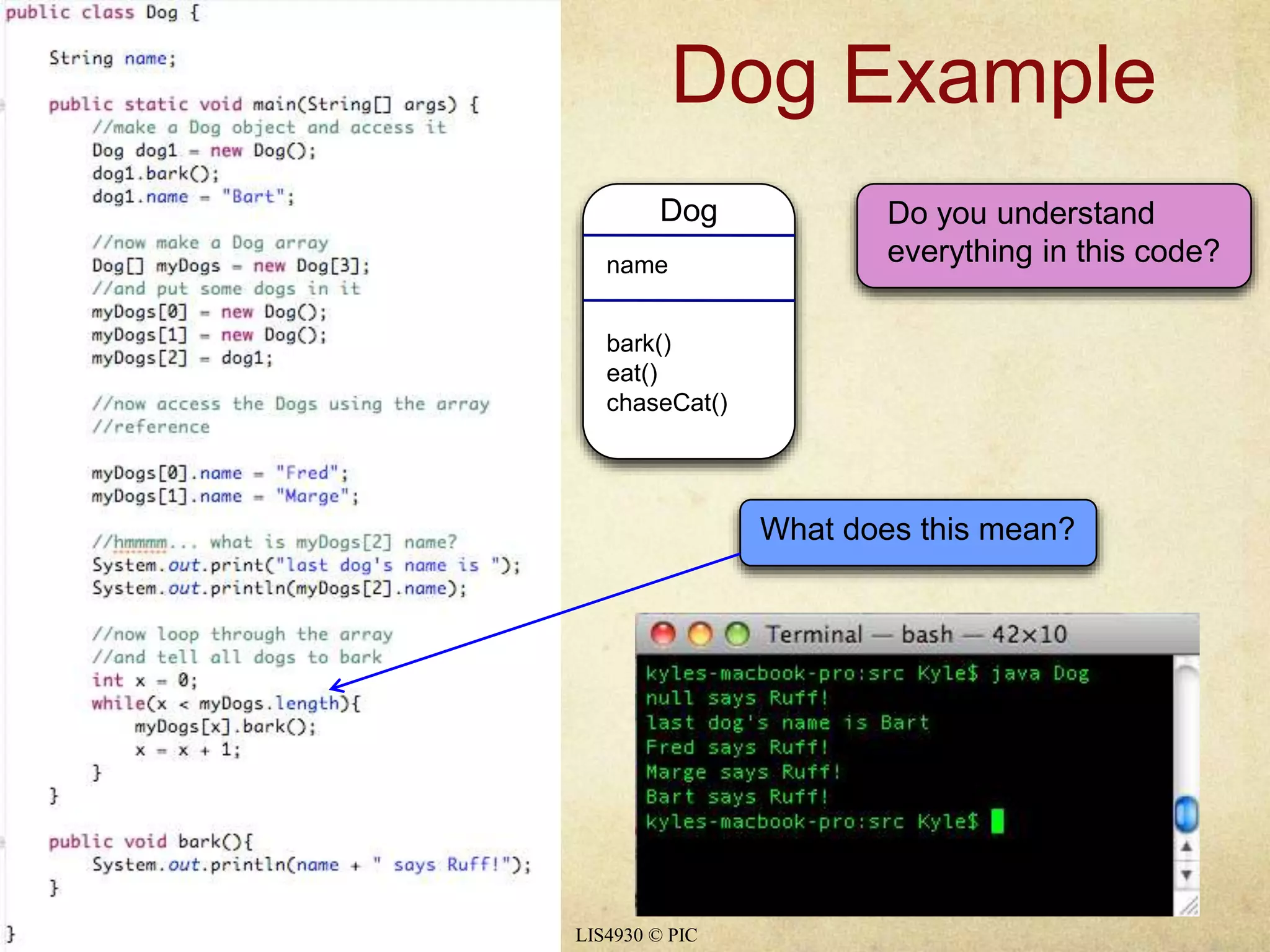 Dog Example 
LIS4930 © PIC 
Do you understand 
everything in this code? 
What does this mean? 
Dog 
name 
bark() 
eat() 
chaseCat() 
