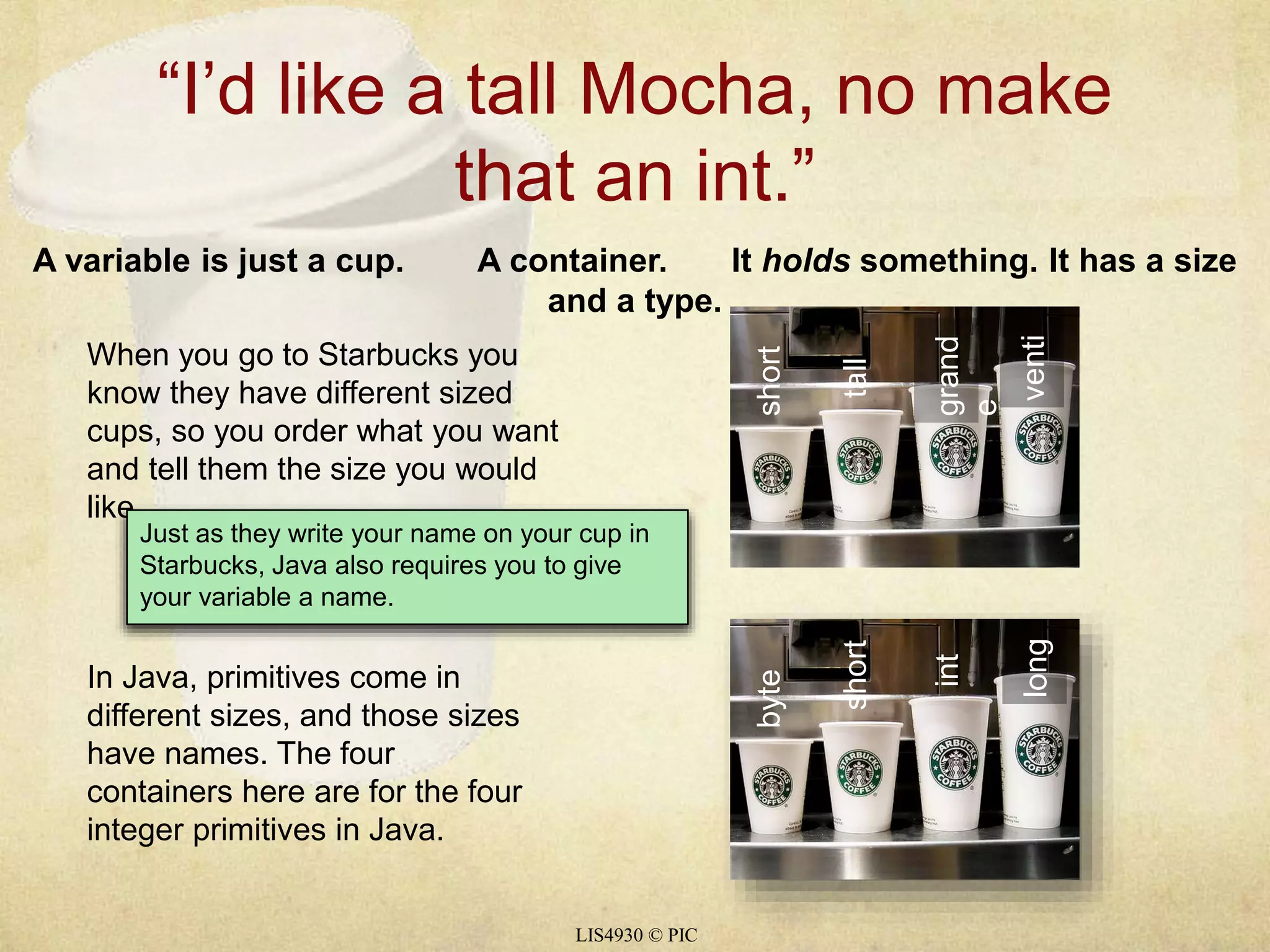 “I’d like a tall Mocha, no make 
that an int.” 
A variable is just a cup. A container. It holds something. It has a size 
and a type. 
LIS4930 © PIC 
When you go to Starbucks you 
know they have different sized 
cups, so you order what you want 
and tell them the size you would 
like. 
short 
tall 
grand 
e 
venti 
In Java, primitives come in 
different sizes, and those sizes 
have names. The four 
containers here are for the four 
integer primitives in Java. 
byte 
short 
int 
long 
Just as they write your name on your cup in 
Starbucks, Java also requires you to give 
your variable a name. 
 
