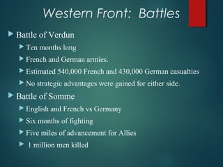 Western Front: Battles
 Battle of Verdun
 Ten months long
 French and German armies.
 Estimated 540,000 French and 430,000 German casualties
 No strategic advantages were gained for either side.
 Battle of Somme
 English and French vs Germany
 Six months of fighting
 Five miles of advancement for Allies
 1 million men killed
 