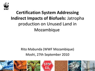 Certification System Addressing
Indirect Impacts of Biofuels: Jatropha
production on Unused Land in
Mozambique
Rito Mabunda (WWF Mozambique)
Moshi, 27th September 2010
 