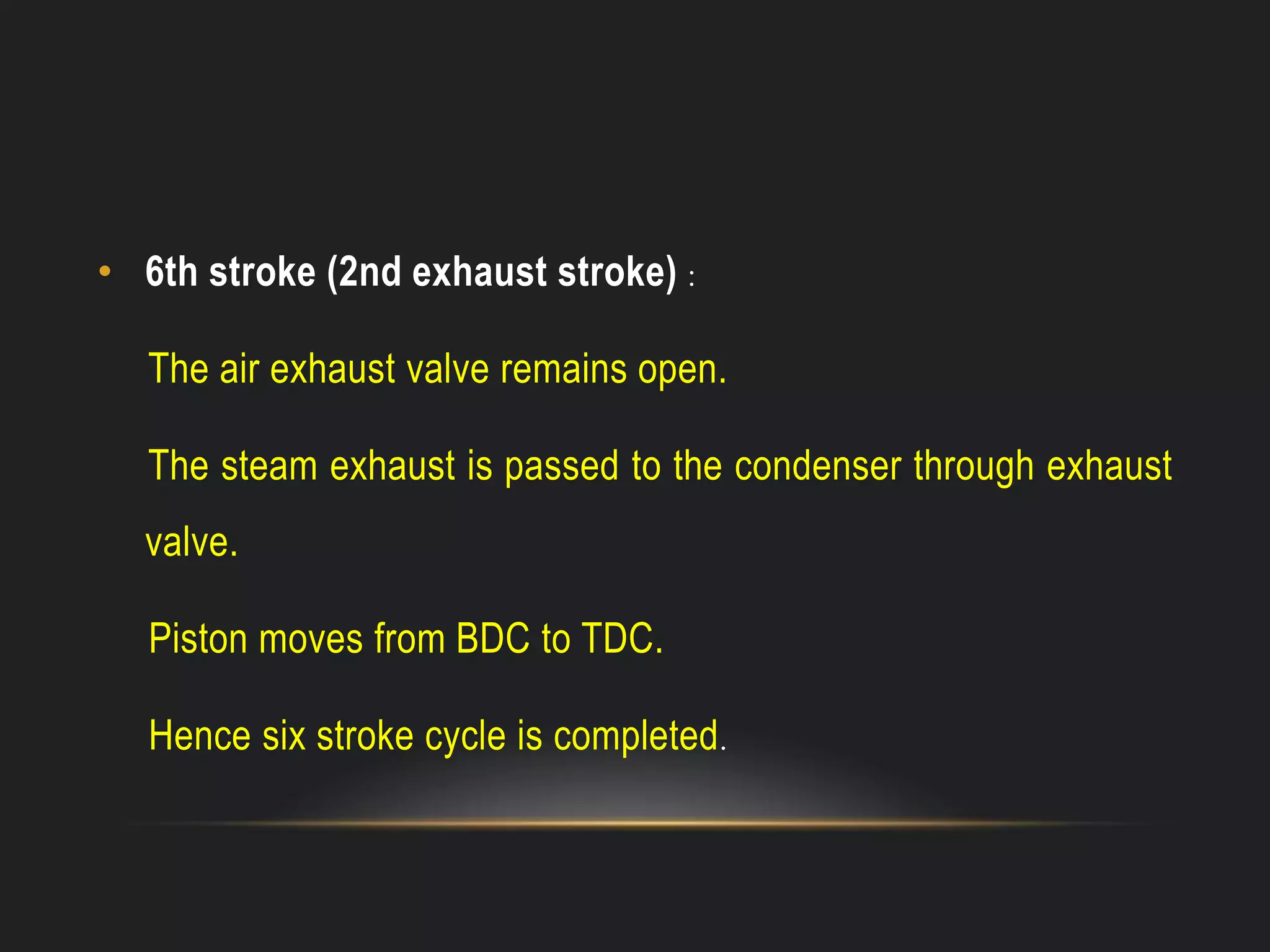 • 6th stroke (2nd exhaust stroke) :
The air exhaust valve remains open.
The steam exhaust is passed to the condenser through exhaust
valve.
Piston moves from BDC to TDC.
Hence six stroke cycle is completed.
 