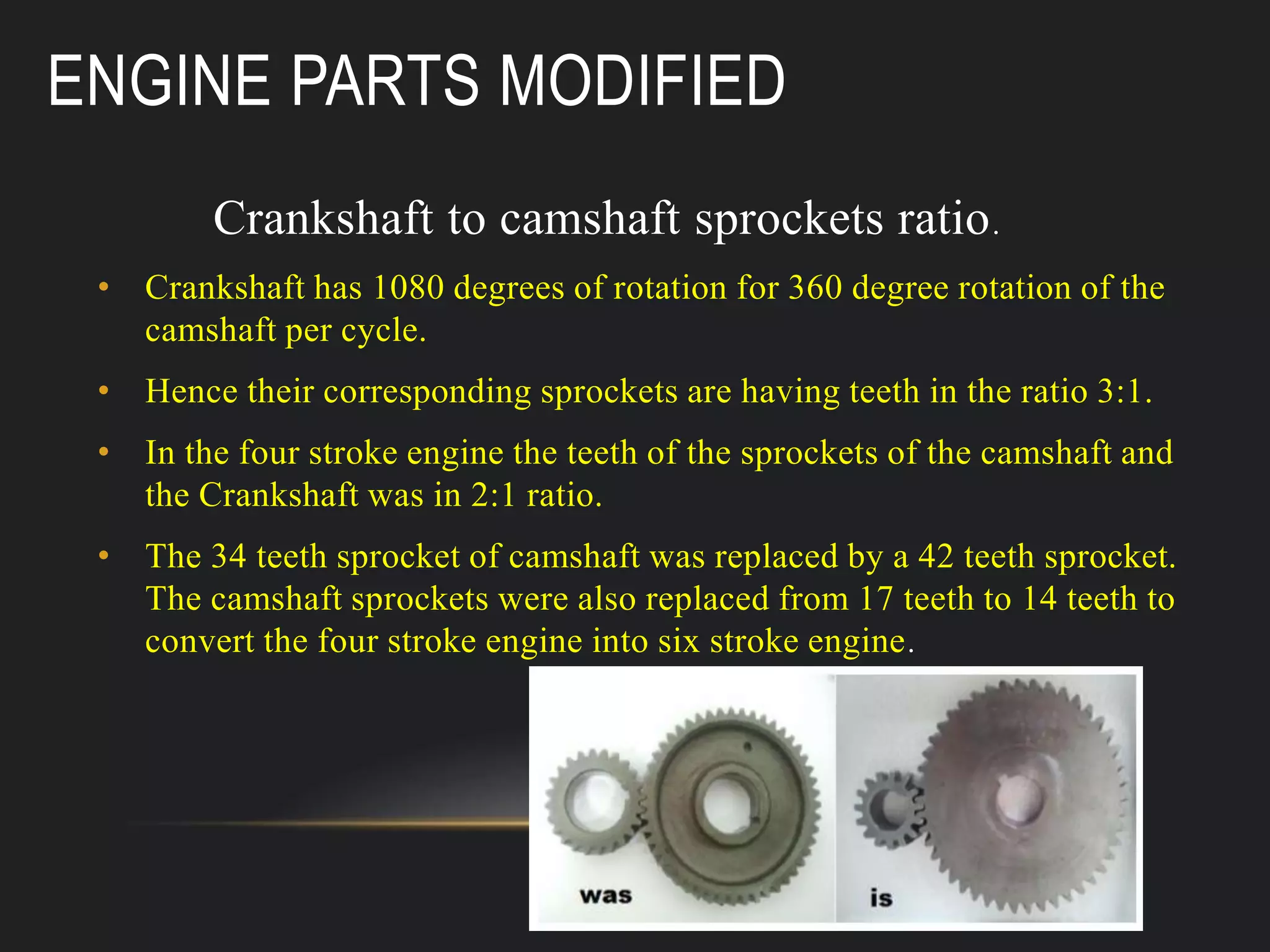 ENGINE PARTS MODIFIED
Crankshaft to camshaft sprockets ratio.
• Crankshaft has 1080 degrees of rotation for 360 degree rotation of the
camshaft per cycle.
• Hence their corresponding sprockets are having teeth in the ratio 3:1.
• In the four stroke engine the teeth of the sprockets of the camshaft and
the Crankshaft was in 2:1 ratio.
• The 34 teeth sprocket of camshaft was replaced by a 42 teeth sprocket.
The camshaft sprockets were also replaced from 17 teeth to 14 teeth to
convert the four stroke engine into six stroke engine.
 