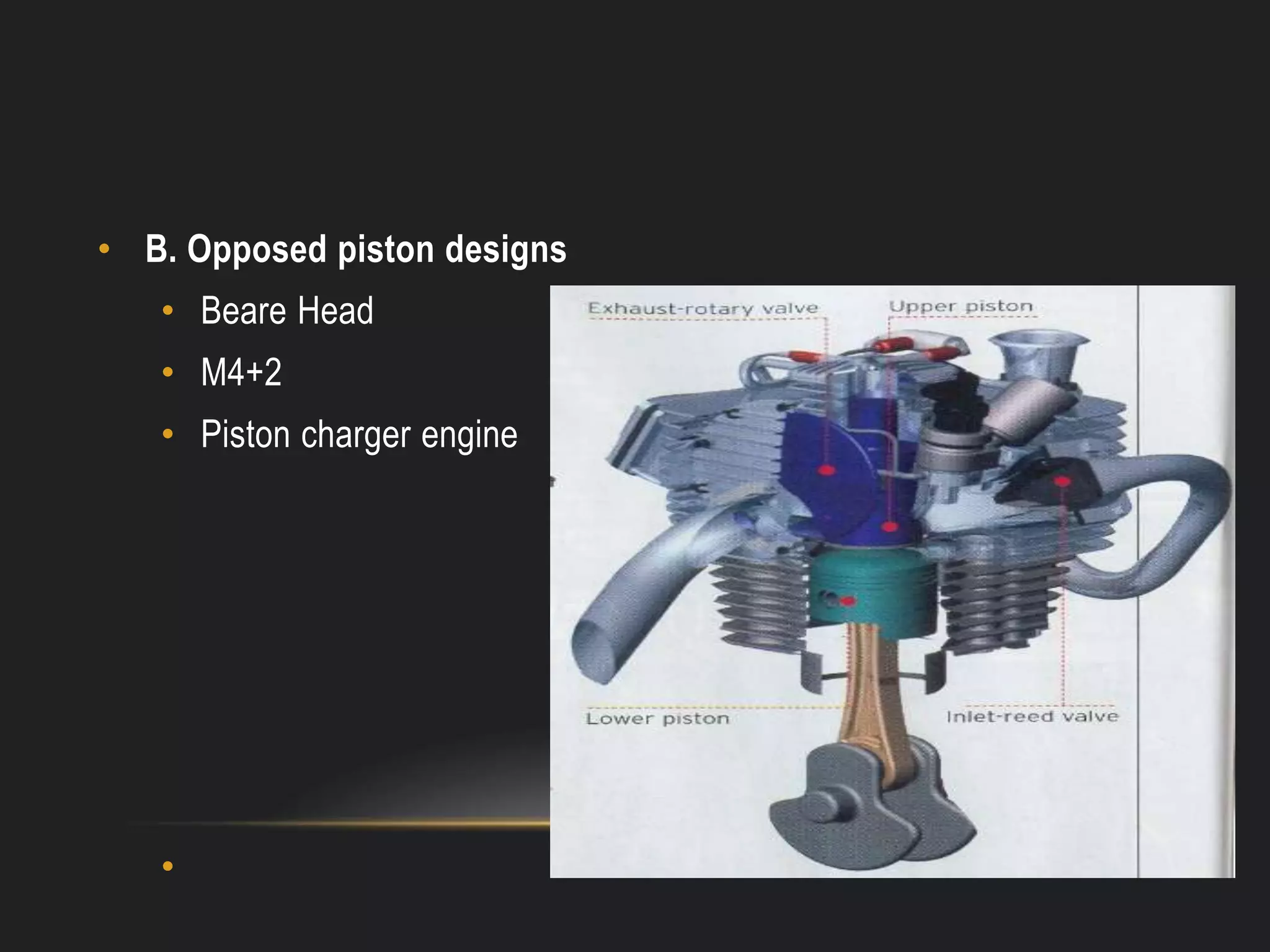 • B. Opposed piston designs
• Beare Head
• M4+2
• Piston charger engine
•
 