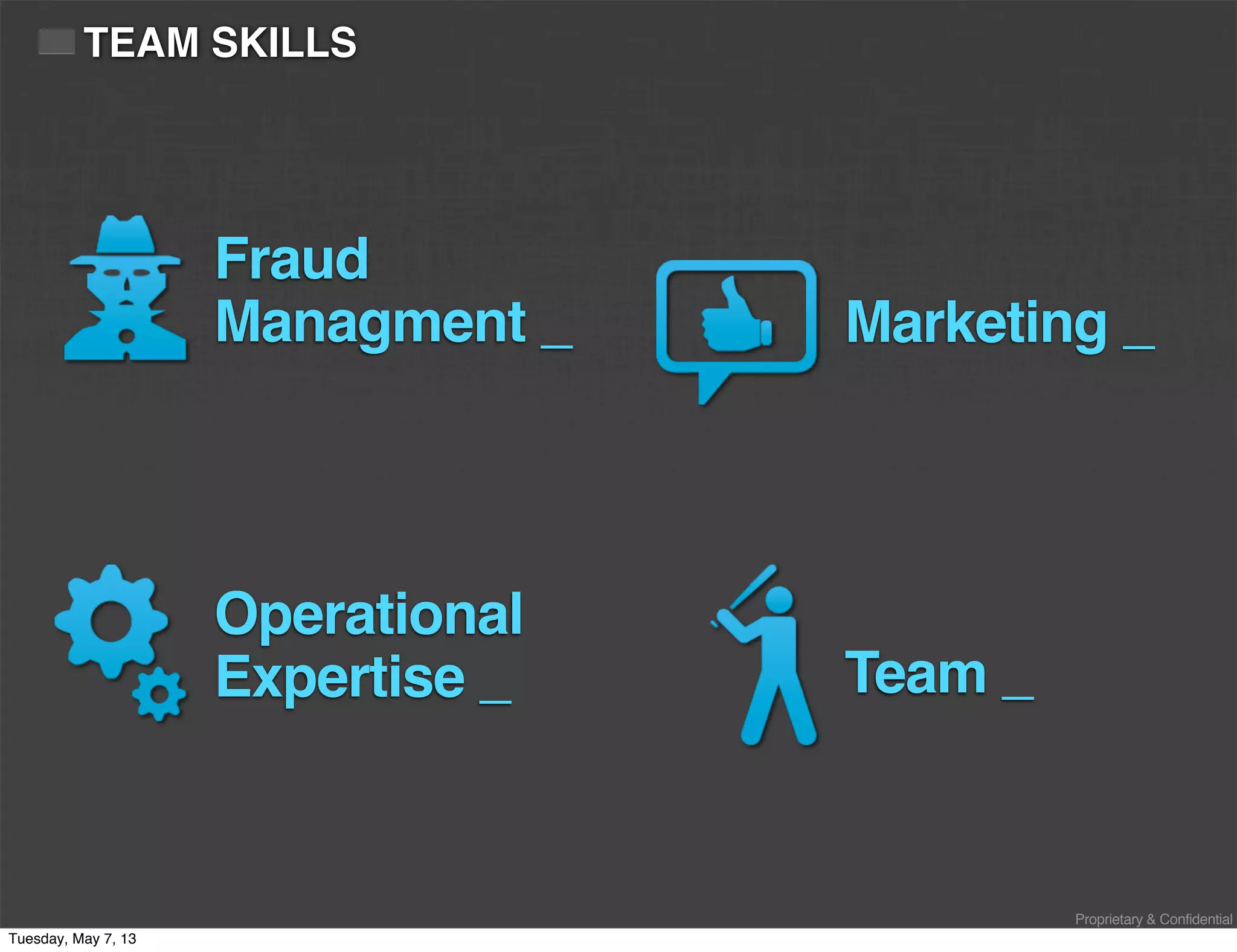 Proprietary & Confidential
TEAM SKILLS
Fraud
Managment _ Marketing _
Team _
Operational
Expertise _
Tuesday, May 7, 13
 