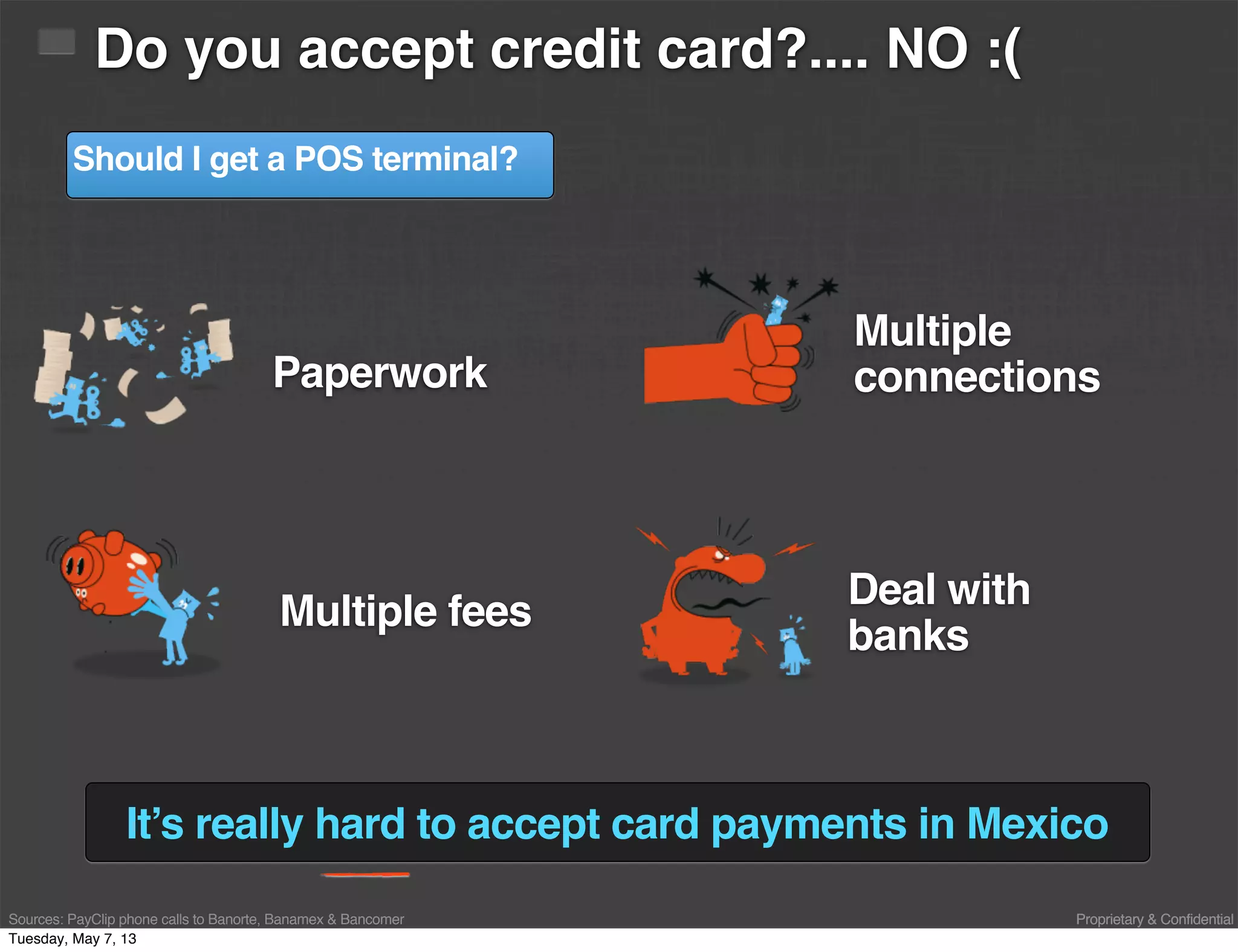Proprietary & Confidential
It’s really hard to accept card payments in Mexico
Sources: PayClip phone calls to Banorte, Banamex & Bancomer Proprietary & Confidential
Do you accept credit card?.... NO :(
Paperwork
Multiple
connections
Deal with
banks
Multiple fees
Should I get a POS terminal?
Tuesday, May 7, 13
 
