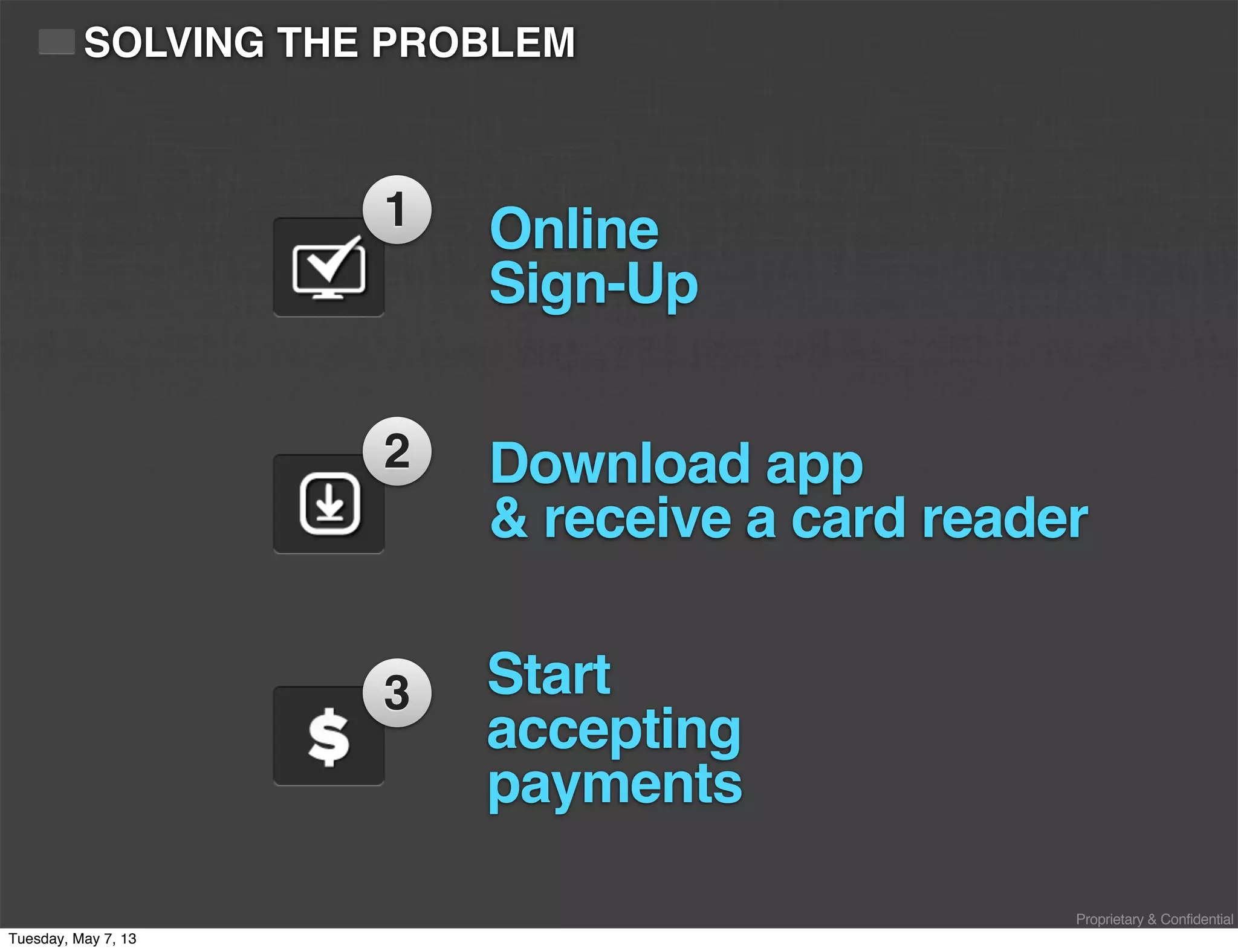 Proprietary & Confidential
SOLVING THE PROBLEM
Online
Sign-Up
Download app
& receive a card reader
Start
accepting
payments
1
2
3
Tuesday, May 7, 13
 