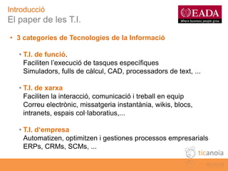Introducció
  El paper de les T.I.
  • 3 categories de Tecnologies de la Informació

      • T.I. de funció.
        Facil...