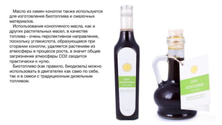 Масло из семян конопли также используется
для изготовления биотоплива и смазочных
материалов.
Использование конопляного масла, как и
других растительных масел, в качестве
топлива - очень перспективное направление,
поскольку углекислота, образующаяся при
сгорании конопли, удаляется растением из
атмосферы в процессе роста, а значит общее
загрязнение атмосферы СО2 сводится
практически к нулю.
Биотопливо (как правило, биодизель) можно
использовать в двигателях как само по себе,
так и в смеси с традиционным дизельным
топливом.
 