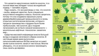Что касается наркотических свойств конопли, то в
полной мере ими обладает только ее индийский
подвид — каннабис индика.
Надо сказать, что все разговоры о том, что конопля
- якобы, вредный наркотик, были специально
искусственно внедрены в массы. Коноплю запретили,
потому что она создавала серьезную угрозу
деревообрабатывающей промышленности и вновь
открытым синтетическим волокнам, которые в
процессе производства и продажи были более
прибыльными, чем конопля. Да и позднее
легализовать ее не было никакой возможности —
монопольные нефтяные «технологии» захватили
мир...
Средства массовой информации внесли большой
вклад в создание негативного образа конопли. В
настоящее время даже выпускники
сельскохозяйственных ВУЗов зачастую не знают,
зачем нужна конопля, какая от нее польза. Многие
убеждены, что из ее волокна можно производить
лишь канаты да веревки.
 