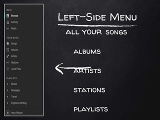 Left-Side Menu
all your songs
albums
artists
stations
playlists
 