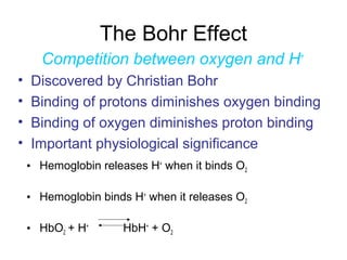 Bohr Effect Summary
• The change in oxygen affinity with pH is known
as the Bohr effect.
• Hemoglobin oxygen affinity is r...