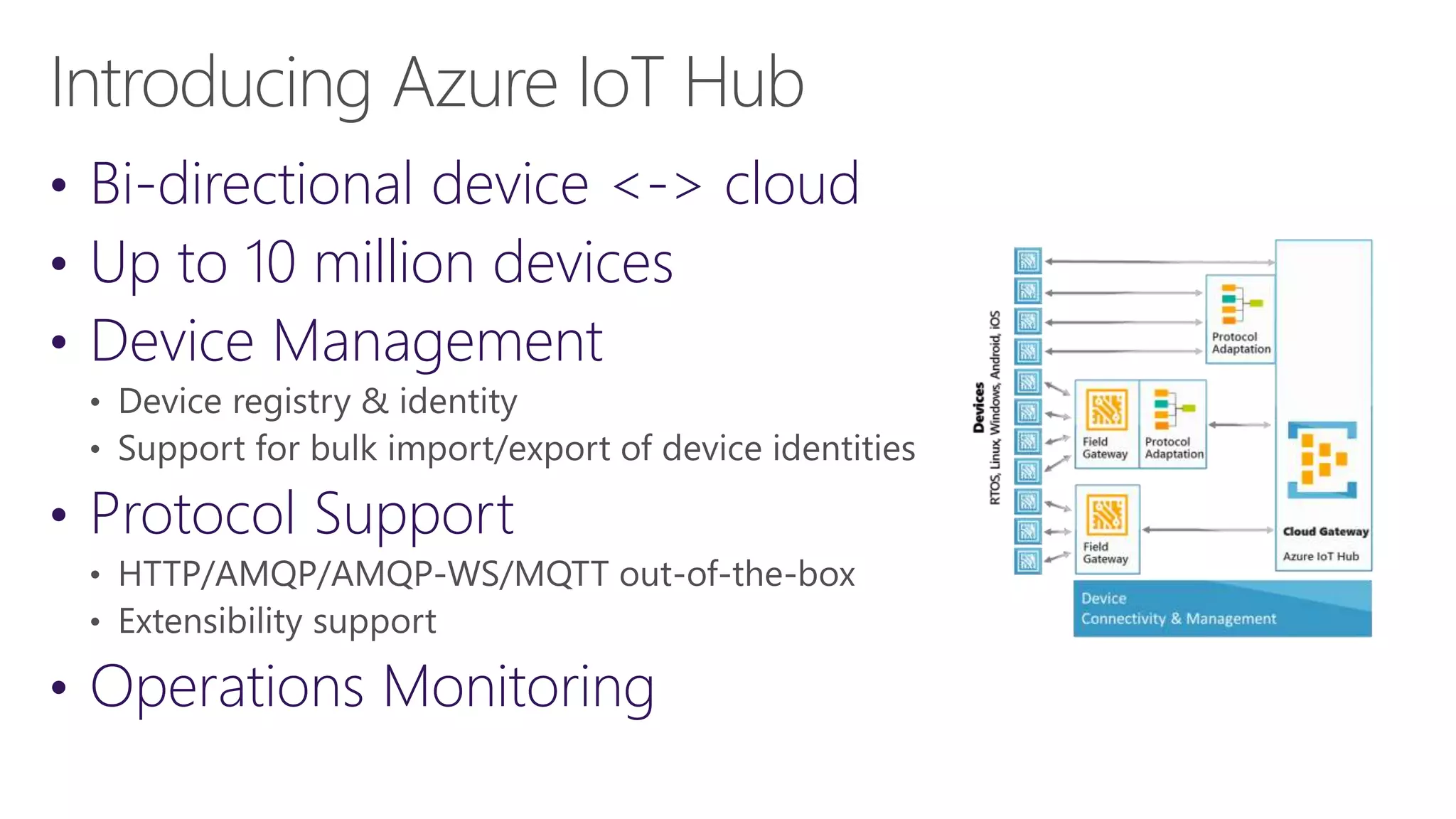 • Bi-directional device <-> cloud
• Up to 10 million devices
• Device Management
• Protocol Support
• Operations Monitoring
 